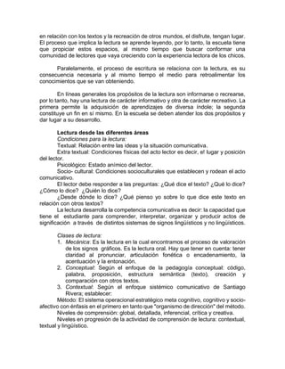 en relación con los textos y la recreación de otros mundos, el disfrute, tengan lugar.
El proceso que implica la lectura se aprende leyendo, por lo tanto, la escuela tiene
que propiciar estos espacios, al mismo tiempo que buscar conformar una
comunidad de lectores que vaya creciendo con la experiencia lectora de los chicos.
Paralelamente, el proceso de escritura se relaciona con la lectura, es su
consecuencia necesaria y al mismo tiempo el medio para retroalimentar los
conocimientos que se van obteniendo.
En líneas generales los propósitos de la lectura son informarse o recrearse,
por lo tanto, hay una lectura de carácter informativo y otra de carácter recreativo. La
primera permite la adquisición de aprendizajes de diversa índole; la segunda
constituye un fin en sí mismo. En la escuela se deben atender los dos propósitos y
dar lugar a su desarrollo.
Lectura desde las diferentes áreas
Condiciones para la lectura:
Textual: Relación entre las ideas y la situación comunicativa.
Extra textual: Condiciones físicas del acto lector es decir, e! lugar y posición
del lector.
Psicológico: Estado anímico del lector.
Socio- cultural: Condiciones socioculturales que establecen y rodean el acto
comunicativo.
El lector debe responder a las preguntas: ¿Qué dice el texto? ¿Qué lo dice?
¿Cómo lo dice? ¿Quién lo dice?
¿Desde dónde lo dice? ¿Qué pienso yo sobre lo que dice este texto en
relación con otros textos?
La lectura desarrolla la competencia comunicativa es decir: la capacidad que
tiene el estudiante para comprender, interpretar, organizar y producir actos de
significación a través de distintos sistemas de signos lingüísticos y no lingüísticos.
Clases de lectura:
1. Mecánica: Es la lectura en la cual encontramos el proceso de valoración
de los signos gráficos. Es la lectura oral. Hay que tener en cuenta: tener
claridad al pronunciar, articulación fonética o encadenamiento, la
acentuación y la entonación.
2. Conceptual: Según el enfoque de la pedagogía conceptual: código,
palabra, proposición, estructura semántica (texto), creación y
comparación con otros textos.
3. Contextual: Según el enfoque sistémico comunicativo de Santiago
Rivera; establecer:
Método: El sistema operacional estratégico meta cognitivo, cognitivo y socio-
afectivo con énfasis en el primero en tanto que "organismo de dirección" del método.
Niveles de comprensión: global, detallada, inferencial, crítica y creativa.
Niveles en progresión de la actividad de comprensión de lectura: contextual,
textual y lingüístico.
 