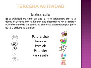 Los cinco sentidos
Esta actividad consiste en que el niño relaciones con una
flecha el sentido con la función que desempeña en el cuerpo
humano teniendo en cuenta la siguiente explicación por parte
de la o el docente a cargo.

Para probar
Para ver
Para oír
Para oler
Para sentir

 