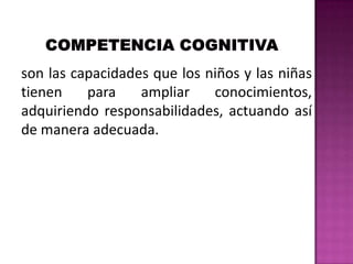 son las capacidades que los niños y las niñas
tienen
para
ampliar
conocimientos,
adquiriendo responsabilidades, actuando así
de manera adecuada.

 