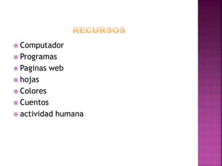  Computador
 Programas
 Paginas web
 hojas
 Colores
 Cuentos
 actividad humana
 