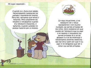 Cuando tú y Julia eran bebés,
necesitábamos cambiarles los
pañales y mantenerlos limpios.
Para eso, teníamos que verlos y
tocarlos. Pero solamente los
veíamos o tocábamos cuando
era necesario limpiarlos, o
bañarlos, cuando ustedes no
podían hacerlo por sí mismos.
En esas situaciones, sí es
necesario ver y tocar
rápidamente y con mucho
cuidado, las partes privadas de
los niños. Otro momento en que
puede ser necesario que su papi
o yo veamos o toquemos sus
partes privadas es si se las
golpean o si se les enferman y
necesitamos ponerles medicina.
No hay otra razón por que ni su
papi ni yo tengamos que ver o
tocar sus partes privadas.
Mi mami respondió :
 
