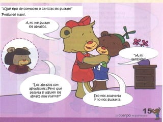 “¿Qué tipo de contacto o caricias les gustan?”
Preguntó mami.
A mí me gustan
los abrazos.
“Los abrazos son
agradables,¿Pero qué
pasaría si alguien los
abraza muy fuerte?” Eso nos asustaría
y no nos gustaría.
“¡A mí
también!”
 