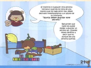 Si nosotros o cualquier otra persona
cercana o querida los toca de una
manera que los haga sentir mal, deben
decirselo inmediatamente a un adulto de
su confianza.
“Nunca deben guardar este
secreto.”
Recuerden que
nadie les puede
obligar a guardar un
secreto así. Ustedes
tienen derecho a
decir que no,
aunque sea una
persona querida.
 