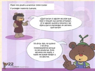 Mami nos ayudo a practicar como cuidar
Y proteger nuestros cuerpos.
¿Qué harían si alguien les pide que
vean o toquen sus partes privadas?,
¿Y si alguien quisiera tocarlos y les
dijera que lo mantengan en secreto,
qué harían?
Yo diría: ¡No, no quiero!
y te diría
inmediatamente porque
tú me ayudarías. Esos
secretos son malos, y
nadie me puede obligar a
no decirte.
 