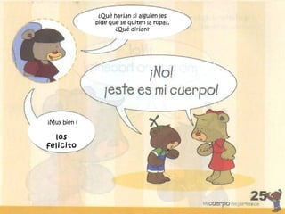 ¿Qué harían si alguien les
pide que se quiten la ropa?,
¿Qué dirían?
¡Muy bien !
los
felicito
 