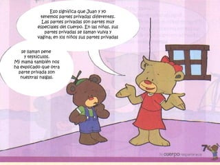 Eso significa que Juan y yo
tenemos partes privadas diferentes.
Las partes privadas son partes muy
especiales del cuerpo. En las niñas, sus
partes privadas se llaman vulva y
vagina; en los niños sus partes privadas
se llaman pene
y testícul0s.
Mi mamá también nos
ha explicado que otra
parte privada son
nuestras nalgas.
 