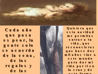 Cada año que pasa es peor, la gente solo se acuerda de la cena, de los regalos y de las fiestas y de mí nadie se acuerda.   Quisiera que esta navidad me permitas entrar a tu vida, que reconocieras que hace dos mil años vine a este mundo para dar mi vida por ti en la cruz y de esta forma poder salvarte. Hoy sólo quiero que tu creas esto con todo tu corazón . 