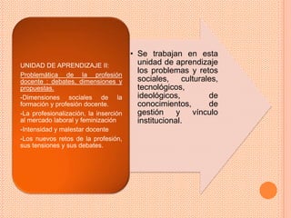 • Se trabajan en esta
UNIDAD DE APRENDIZAJE II:                unidad de aprendizaje
Problemática de la profesión
                                         los problemas y retos
docente : debates, dimensiones y         sociales,     culturales,
propuestas.                              tecnológicos,
-Dimensiones sociales de la              ideológicos,          de
formación y profesión docente.           conocimientos,        de
-La profesionalización, la inserción     gestión     y    vínculo
al mercado laboral y feminización        institucional.
-Intensidad y malestar docente
-Los nuevos retos de la profesión,
sus tensiones y sus debates.
 