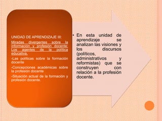 UNIDAD DE APRENDIZAJE III:            • En esta unidad de
Miradas divergentes sobre la
                                        aprendizaje          se
información y profesión docente:        analizan las visiones y
Los agentes de la política              los           discursos
educativa.                              (políticos,
-Las políticas sobre la formación       administrativos       y
docente                                 reformistas) que se
-Concepciones académicas sobre          construyen          con
la profesión docente                    relación a la profesión
-Situación actual de la formación y     docente.
profesión docente.
 