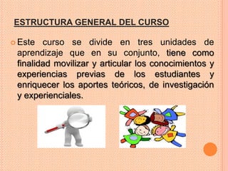 ESTRUCTURA GENERAL DEL CURSO

 Este  curso se divide en tres unidades de
 aprendizaje que en su conjunto, tiene como
 finalidad movilizar y articular los conocimientos y
 experiencias previas de los estudiantes y
 enriquecer los aportes teóricos, de investigación
 y experienciales.
 