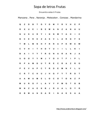 Sopa de letras Frutas
                       Encuentra estas 6 Frutas


Manzana . Pera . Naranja . Melocoton . Cerezas . Mandarina


 Q   Z   D   B    T      D   Y    D   M     Y     R   V     H    E     P

 R   X   U   E     I     B   E    M   A     N     Z   A     N    A     U

 N   U   S   U    R      Y    I   N   N    M      Y   A     H     I    C

 B   C   E   R    E      Z   A    S   V     L     A   R     G    F     S

 T   M   L   M    N      H   F    R   R     A     P   K    W     E     W

 C   V   H   I    T      H   D    Y   U     I     I   L     L    K     I

 B   A   I   Y    Y      T   R    G   N     A     R   A     N    J     A

 U   O   O   Y    Y     M    J    Y   O     V     T   F     I    P     L

 R   P   A   M    D      U   T    R   E     C     R   A     Z    R     O

 P   E   V   A    P      C   T    R   D     E     M   N     F    L     U


 C   R   T   C    H      U   J    H   G     F     Y   T     R    D     T

 A   A   M   A    M      E   L    O   C    O      T   O     N    Z     P

 M   U   R   O    F      L   A    V   Y     P     M   G     T    O     B

 W   N   Z   A    E      K   B    J   R     U     A   L     O    Y     R

 O   B   M   A    N      D   A    R    I    N     A   K     S    A     A




                                           http://www.profesorlauro.blogspot.com/
 