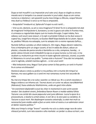 Dupa ce toti musafirii s-au imprastiat unul cate unul, dupa ce slugile au strans
mesele verzi si lampele si au asezat scaunele in jurul odaii, dupa ce am ramas
numai eu si doctorul, i-am povestit scurta mea intriga cu Micuta, scopul falsului
meu duel cu Feldesul si cerui sa-mi faca o amputatie.
– Amputatie? Innebunit-ai, Spiterule? d-apoi nu esti ranit!...
– Vrei sa zici, doctore, ca am o rana imaginara? Ei bine! fa-mi o amputatie tot atat
de imaginara! Inchipuieste-ti, bunaoara, ca vezi o gaura cat-colea in fruntea mea,
si urmeaza cu regularitate dupre cum te invata chirurgia. S-apoi indata, fara
zabava; sunt acum sase ceasuri, si la opt si jumatate trebuie sa ma duci acasa in
cupeul tau, lungit fara miscare, ca Gustav-Adolf dupa batalia de la Lutzen. Apuca-
te, parbleu! Micuta ma asteapta, cum te astepta intr-o vreme raposata Sofiica...
Numele Sofiicai a produs un efect nedescris. Din negru, Negus deveni radaciniu.
Fara a intampina prin un singur cuvant, el iesi in odaia de alaturi, aduse un
plastor, o bucata de panza ceruita si bortelita ca o sita, comprese, bandaj... si
peste cateva minute eram imbodolit la cap ca un pasa turcesc cu trei cozi, si ma
studiam cu multumire pe mine insumi in toate oglinzile salonului, zicand, ca junele
d. Maiorescu in cursul sau public: "Lumea este o iluziune!" Erau doi insi amputati,
unul in oglinda, celalalt inaintea oglinzii... si nici unul ranit!
– Mai trebuieste ceva, Negus! Sunt prea rumen la fata pentru un ranit in frunte!
N-ai cumva vro biloseala?
Doctorul aduse o sticla cu prafuri si ma prefacu intr-o mumie din timpul lui
Ramses; ma vazui galben ca si cand imi mai ramaneau numai trei secunde de
viata.
Nu mai era timpul de a ne culca: soarele s-a ridicat sus. Ni s-a servit ciocolata si
Negus ordona a se inhama caii. Tocmai atunci un curier ne aduse ziarulWahrheit
(Adevarul), foaia celebrului Wahlstimme, unde am gasit intre altele:
"Un eveniment deplorabil a avut loc chiar in momentul in care scrim aceste
randuri. Doi studenti straini, finlandezul baron Rosen si moldo-valahul Ghita
Taciune s-au certat din cauza papucului unei june albinose. Lucrul a ajuns la o
provocatiune, si duelul a urmat astazi, in zori de zi, la zece pasi cu carabina. D.
Taciune a cazut mort. Noi deplangem aceasta catastrofa, cu atat mai mult ca
nenorocitul june moldo-valah a fost un amic intim al nostru si un admirator sincer
al ideilor noastre politice."'
Abia avui timpul a striga "bravo!" vazandu-ma ucis cu atata sange race de catre
viteazul jurnalist, cum iata soseste o alta novitate: un jandar cu doua scrisori, una
 