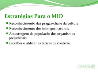 Estratégias Para o MID 
Reconhecimento das pragas-chave da cultura 
Reconhecimento dos inimigos naturais 
Amostragem da população dos organismos 
prejudiciais 
Escolher e utilizar as táticas de controle 
 