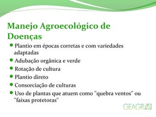 Manejo Agroecológico de 
Doenças 
Plantio em épocas corretas e com variedades 
adaptadas 
Adubação orgânica e verde 
Rotação de cultura 
Plantio direto 
Consorciação de culturas 
Uso de plantas que atuem como ''quebra ventos'' ou 
''faixas protetoras'' 
 