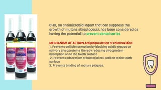 MECHANISM OF ACTION Antiplaque action of chlorhexidine
1. Prevents pellicle formation by blocking acidic groups on
salivary glycoproteins thereby reducing glycoprotein
adsorption on to the tooth surface
2. Prevents adsorption of bacterial cell wall on to the tooth
surface
3. Prevents binding of mature plaques.
CHX, an antimicrobial agent that can suppress the
growth of mutans streptococci, has been considered as
having the potential to prevent dental caries
 