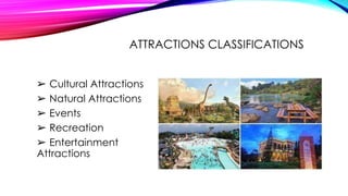 ATTRACTIONS CLASSIFICATIONS
➢ Cultural Attractions
➢ Natural Attractions
➢ Events
➢ Recreation
➢ Entertainment
Attractions
 