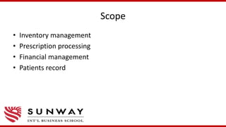 Scope
• Inventory management
• Prescription processing
• Financial management
• Patients record
 