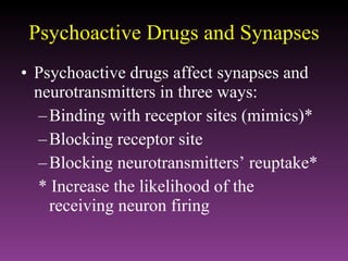 Psychoactive Drugs and Synapses Psychoactive drugs affect synapses and neurotransmitters in three ways: Binding with receptor sites (mimics)* Blocking receptor site Blocking neurotransmitters’ reuptake* * Increase the likelihood of the receiving neuron firing 