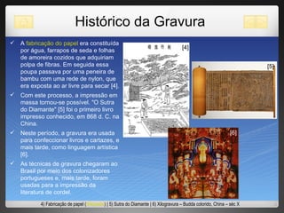 A  fabricação do papel   era constituída por água, farrapos de seda e folhas de amoreira cozidos que adquiriam polpa de fibras. Em seguida essa poupa passava por uma peneira de bambu com uma rede de nylon, que era exposta ao ar livre para secar [4]. Com este processo, a impressão em massa tornou-se possível. "O Sutra do Diamante" [5] foi o primeiro livro impresso conhecido, em 868 d. C. na China. Neste período, a gravura era usada para confeccionar livros e cartazes, e mais tarde, como linguagem artística [6]. As técnicas de gravura chegaram ao Brasil por meio dos colonizadores portugueses e, mais tarde, foram usadas para a impressão da literatura de cordel. [4] [5] 4) Fabricação de papel ( Wikipedia ) | 5) Sutra do Diamante | 6) Xilogravura – Budda colorido, China – séc X [6] Histórico da Gravura 