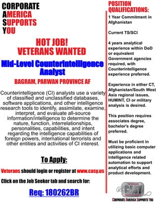 CORPORATE
AMERICA
SUPPORTS
YOU
HOT JOB!
VETERANS WANTED
Mid-Level Counterintelligence
Analyst
To Apply:
Veterans should login or register at www.casy.us
Click on the Job Seeker tab and search for:
Req: 180262BR
POSITION
QUALIFICATIONS:
1 Year Commitment in
Afghanistan
Current TS/SCI
4 years analytical
experience within DoD
or equivalent
Government agencies
required, with
Counterintelligence
experience preferred.
Experience in either CT,
Afghanistan/South West
Asia regional issues,
HUMINT, CI or military
analysis is desired.
This position requires
associates degree,
bachelor's degree
preferred.
Must be proficient in
utilizing basic computer
applications and
intelligence related
automation to support
analytical efforts and
product development.
BAGRAM, PARWAN PROVINCE AF
Counterintelligence (CI) analysts use a variety
of classified and unclassified databases,
software applications, and other intelligence
research tools to identify, assimilate, examine,
interpret, and evaluate all-source
information/intelligence to determine the
nature, function, interrelationships,
personalities, capabilities, and intent
regarding the intelligence capabilities of
foreign powers, international terrorists and
other entities and activities of CI interest.
 