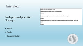 Interview
In depth analysis after
Surveys
• SME’s
• Goals
• Documentation
 