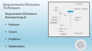 Requirements Elicitation
Techniques
Requirement Elicitation:
Brainstorming (I)
• Features
• Future
• Problems
• Stakeholders
 