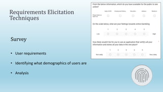 Requirements Elicitation
Techniques
Survey
• User requirements
• Identifying what demographics of users are
• Analysis
 