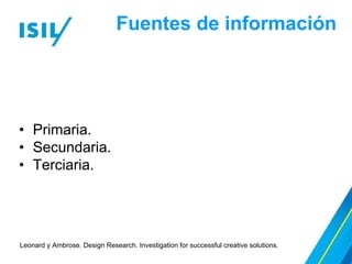 Fuentes de información
Leonard y Ambrose. Design Research. Investigation for successful creative solutions.
• Primaria.
• Secundaria.
• Terciaria.
 