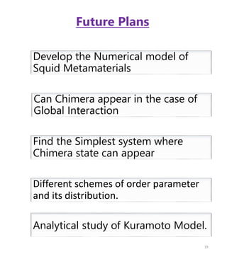 19
Future Plans
Different schemes of order parameter
and its distribution.
Can Chimera appear in the case of
Global Interaction
Find the Simplest system where
Chimera state can appear
Develop the Numerical model of
Squid Metamaterials
Analytical study of Kuramoto Model.
 
