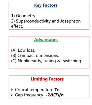 Advantages
(A) Low loss.
(B) Compact dimensions.
(C) Nonlinearity, tuning & switching.
Limiting Factors
 Critical temperature Tc
 Gap frequency ∼2Δ(T)/h
Key Factors
1) Geometry
2) Superconductivity and Josephson
effect.
6
 