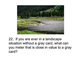 22. If you are ever in a landscape
situation without a gray card, what can
you meter that is close in value to a gray
card?
 