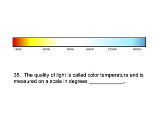 35. The quality of light is called color temperature and is
measured on a scale in degrees ____________.
 