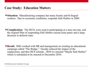 Case Study:  Education Matters Situation:  Manufacturing company has many hourly and bi-lingual workers.  Due to economic conditions, suspends Safe Harbor in 2009. Complication:  The HCEs were used to participating at a max-out rate, and the original Plan of suspending Safe Harbor caused some panic and a large decrease in deferral rates.  Result:  RSG worked with HR and management on creating an educational campaign called “The Bridge.”  Greatly reduced the impact of the suspensions, and thus HCE refunds.  2010 we enacted “Maybe Safe Harbor” which is scheduled to be enacted in December 2010. Retirement Solution Group 