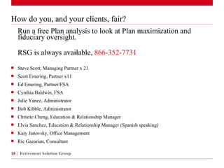 How do you, and your clients, fair? Run a free Plan analysis to look at Plan maximization and fiduciary oversight.  RSG is always available,  866-352-7731 Steve Scott, Managing Partner x 21 Scott Emering, Partner x11 Ed Emering, Partner/FSA Cynthia Baldwin, FSA Julie Yanez, Administrator Bob Kibble, Administrator Christie Cheng, Education & Relationship Manager  Elvia Sanchez, Education & Relationship Manager (Spanish speaking)  Katy Janovsky, Office Management Ric Gazarian, Consultant Retirement Solution Group 