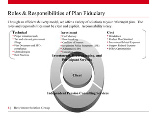Roles & Responsibilities of Plan Fiduciary  Retirement Solution Group Through an efficient delivery model, we offer a variety of solutions to your retirement plan.  The roles and responsibilities must be clear and explicit.  Accountability is key.  Client Independent Pension Consulting Services Investment  Co-Fiduciary Benchmarking Conflicts of Interest Investment Policy Statement  (IPS) Adherence to IPS Education Cost Breakdown Prudent Man Standard Investment Related Expenses Support Related Expense PERA Opportunities Investments, Recordkeeping, and Participant Services Technical  Proper valuation work Tax and relevant government filings Plan Document and SPD compliance Methodologies Best Practices 