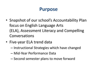 Purpose
• Snapshot of our school’s Accountability Plan
  focus on English Language Arts
  (ELA), Assessment Literacy and Compelling
  Conversations
• Five-year ELA trend data
  – Instructional Strategies which have changed
  – Mid-Year Performance Data
  – Second semester plans to move forward
 