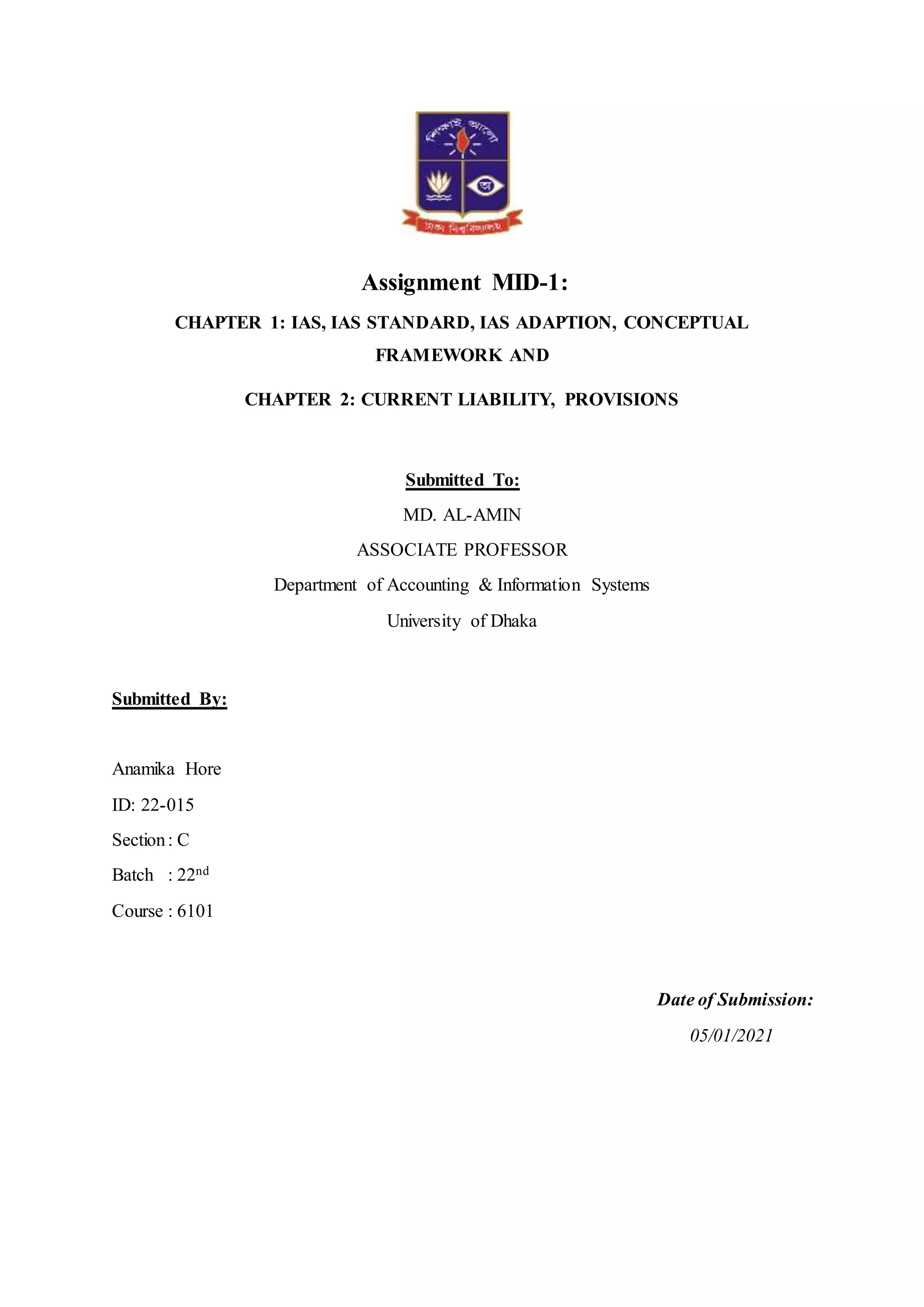 CHAPTER 1: IAS, IAS STANDARD, IAS ADAPTION, CONCEPTUAL FRAMEWORK AND CHAPTER 2: CURRENT LIABILITY, PROVISIONS