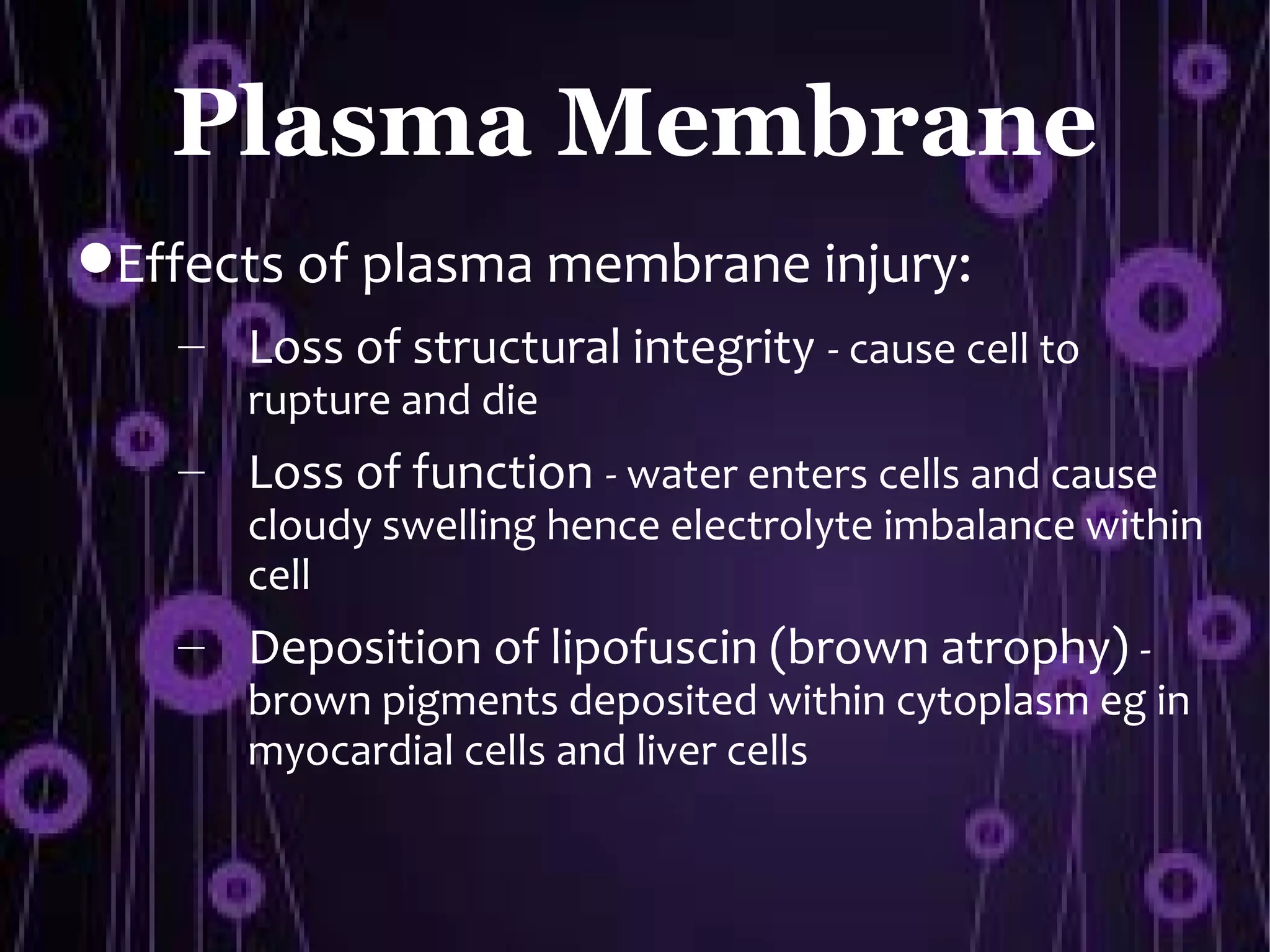 Plasma Membrane
Effects of plasma membrane injury:
   – Loss of structural integrity - cause cell to
      rupture and die
   – Loss of function - water enters cells and cause
      cloudy swelling hence electrolyte imbalance within
      cell
   – Deposition of lipofuscin (brown atrophy) -
      brown pigments deposited within cytoplasm eg in
      myocardial cells and liver cells
 
