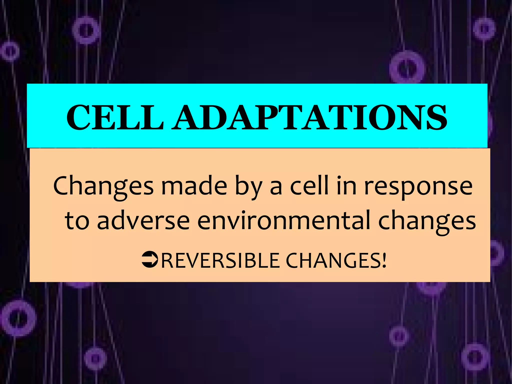 CELL ADAPTATIONS
Changes made by a cell in response
 to adverse environmental changes
      ➲REVERSIBLE CHANGES!
 