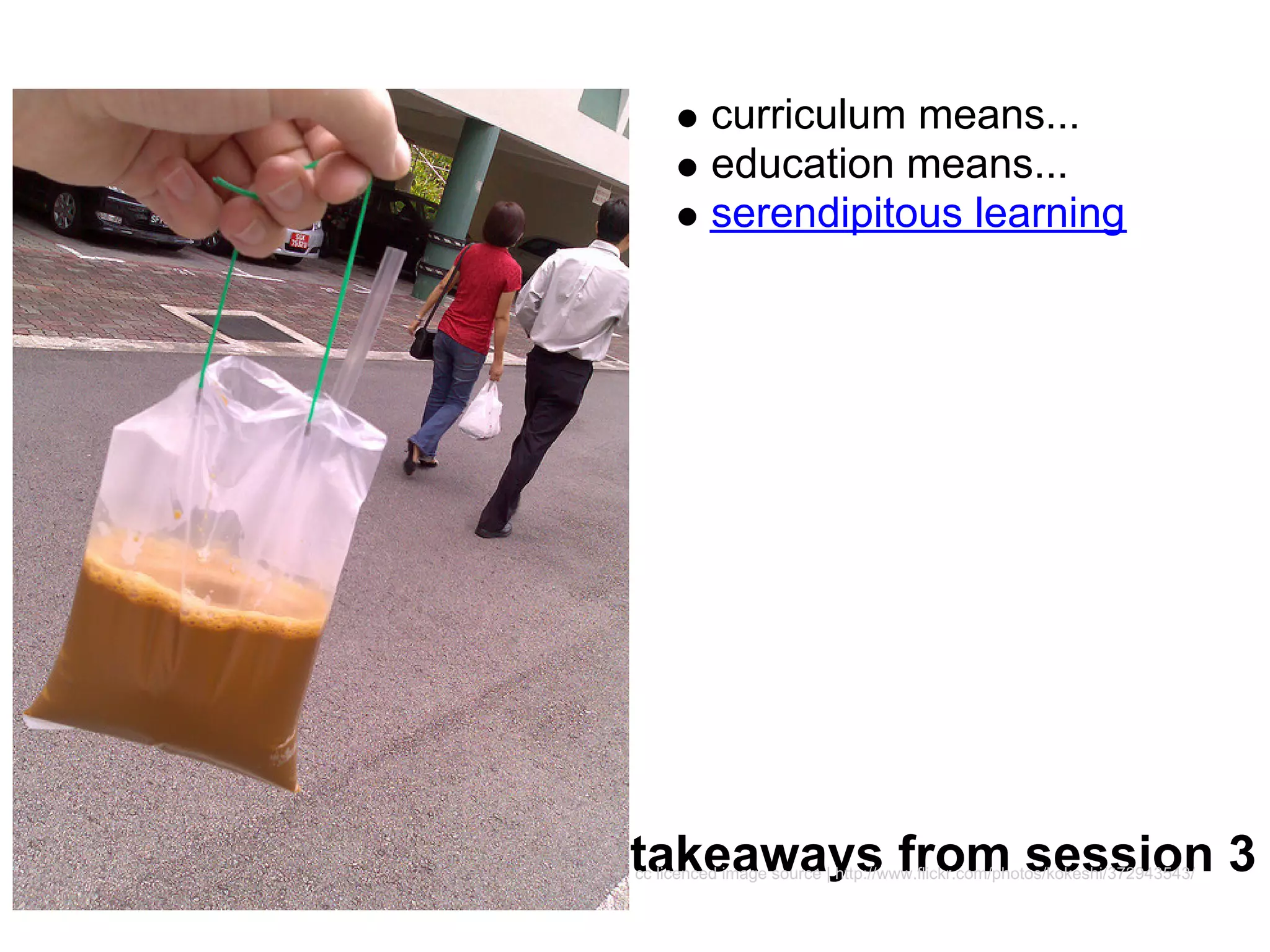 curriculum means...
          educations means...
          serendipitous learning




takeaways from session 3
cc licenced image source | http://www.flickr.com/photos/kokeshi/372943543/
 