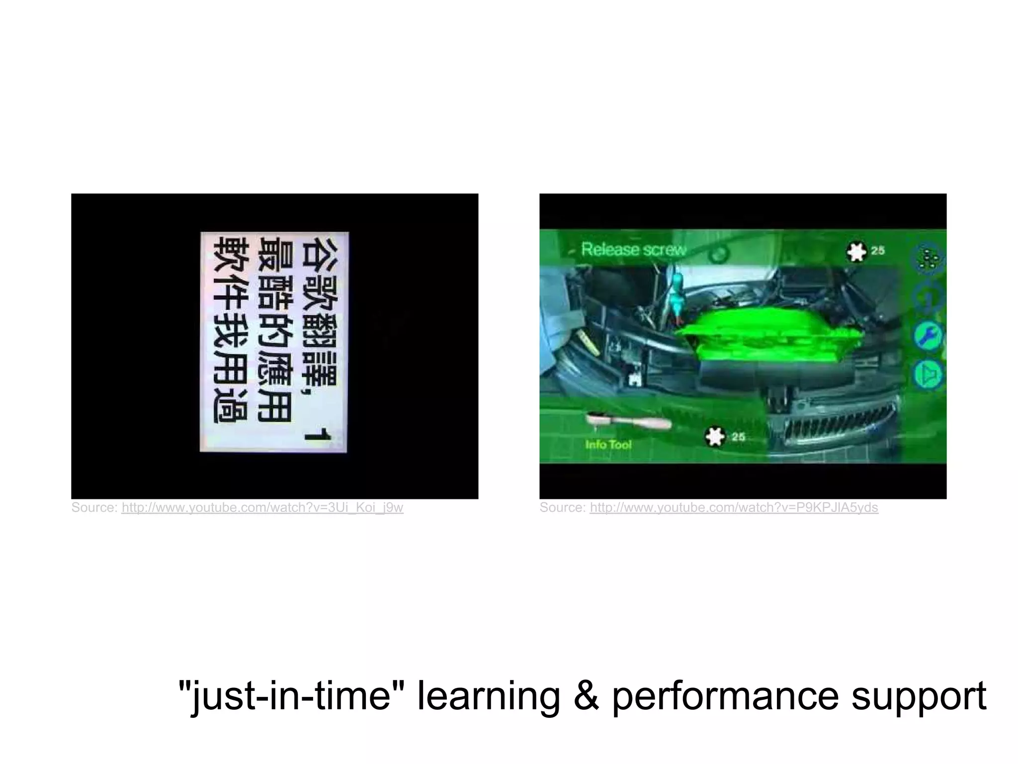 Source: http://www.youtube.com/watch?v=3Ui_Koi_j9w   Source: http://www.youtube.com/watch?v=P9KPJlA5yds




                "just-in-time" learning & performance support
 