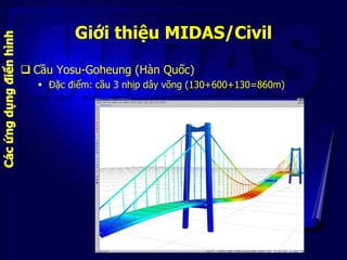 Giới thiệu MIDAS/Civil
Cầu Yosu-Goheung (Hàn Quốc)
Đặc điểm: cầu 3 nhịp dây võng (130+600+130=860m)
CCááccứứngngddụụngngđi...
