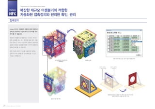 Part III. midas NFX (Pre/Post)
midas
NFX
midas NFX는 어셈블리 모델에 대해 자동으로
접촉을 설정하며, 다양한 확인 및 관리를 편리
하게 할 수 있습니다.
복잡한 어셈블리 모델에서도 각 파트 사이의
접촉 상태를 하나 하나 확인할 필요 없이 자동
으로 파트간 거리가 계산되어 접촉이 설정되며,
설정이 완료된 상태를 다양한 시각적 표현으로
명확히 확인할 수 있습니다.
또한, 접촉 관리자 기능을 이용하여 정의된
접촉의 주요 정보를 한 눈에 확인할 수 있고
수정도 간편합니다.
복잡한 대규모 어셈블리에 적합한
자동화된 접촉정의와 편리한 확인, 관리
Total Solution for True Analysis-driven Design
접촉정의
25
자동 접촉설정이 완료된 상태
(전체 확인)
어셈블리 모델
접촉 정의의 확인, 수정, 관리가 용이한 접촉 관리자
뒷면이 접촉면
→ 쉐이딩 안 됨
앞면이 접촉면
→ 쉐이딩 됨
접촉면을 바라보는 시점에 따라 쉐이딩 되는 면이 바뀌므로
정확한 접촉면의 위치를 쉽게 확인 가능
접촉 정의별 개별 확인
 