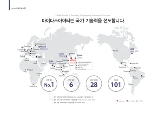 About MIDAS IT
KOZO KEIKAKU ENGINEERING
ITOCHU Techno-Solutions
JIP Techno Science
CREA-TEC
Cybernet Systems
Vietnam
Chennai
Malaysia
Indonesia
Singapore
Shanghai
Shenyang
Taiwan
Thailand
Guangzhou
Chengdu
USA
(New York)
UK
(London)
China
(Beijing)
India
(Mumbai)
Japan
(Tokyo)
Puerto Rico
Venezuela
Ghana
Nigeria
Tanzania
South Africa
ColombiaEcuador
Bolivia
Chile
Brazil
Mexico
Guatemala
Seattle
UAE
Italy
Turkey
Egypt
Spain
Algeria
Lithuania
Saint Petersburg
Sweden
Poland
CzechNetherlands
Swiss Slovenia
MIDAS
(Seoul)
Russia
(Moscow)
Branch OfficesHeadquarters Sales Offices
세계 최고
No.1
현지 법인
6
해외 대리점
28
수출국
101
한국 토목분야/지반분야/건축분야 CAE 소프트웨어 시장 점유율 1위
중국 토목/지반 구조해석분야 시장점유율 1위 (midas Civil, midas GTS)
일본 건축 구조해석분야 시장점유율 1위 (midas Gen)
마이다스아이티는 국가 기술력을 선도합니다
Global Leader in Providing Engineering Solutions & Services
 