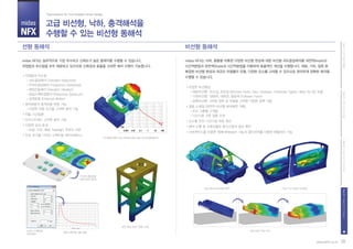 midas
NFX
PartII.고객가치시스템PartI.CAE개념과활용PartIII.midasNFX(Pre/Post)PartIV.midasNFX(Solver)
선형 동해석 비선형 동해석
고급 비선형, 낙하, 충격해석을
수행할 수 있는 비선형 동해석
Total Solution for True Analysis-driven Design
직접법과 모드법
- 과도응답해석 (Transient Response)
- 주파수응답해석 (Frequency Response)
- 랜덤진동해석 (Random Vibration)
- 응답스펙트럼해석 (Response Spectrum)
- 강제운동 (Enforced Motion)
정적하중의 동적하중 변환 기능
- 다양한 하중 조건을 고려한 해석 기능
자동 시간증분
프리스트레스 고려한 해석 기능
다양한 감쇠 효과
- 모달, 구조, 재료, Rayleigh, 주파수 의존
주요 국가별 디자인 스펙트럼 데이터베이스
다양한 비선형성
- 재료비선형: 탄소성, 초탄성 (Mooney-Rivlin, Neo-Hookean, Polymoial, Ogden, Blatz-Ko 등) 모델
- 기하비선형: 대변위, 대회전, 종동력 (Follower Force)
- 접촉비선형: 3차원 접촉 및 마찰을 고려한 다양한 접촉 거동
질량 스케일 (외연적 비선형 해석에만 적용)
- 요소 그룹별 스케일
- 시산스텝 기준 질량 조정
요소별 안전 시간스템 자동 계산
해석 수행 중 수렴상황과 중간스텝의 결과 확인
서브케이스를 이용한 재해석(Restart) 기능과 멀티코어를 이용한 병렬처리 기능
midas NFX는 실무적으로 가장 우수하고 신뢰도가 높은 동해석을 수행할 수 있습니다.
직접법과 모드법을 모두 제공하고 있으므로 신뢰성과 효율을 고려한 해석 수행이 가능합니다.
midas NFX는 낙하, 충돌을 비롯한 다양한 비선형 현상에 대한 비선형 과도응답해석을 내연적(Implicit)
시간적분법과 외연적(Explicit) 시간적분법을 이용하여 효율적인 계산을 수행합니다. 재료, 기하, 접촉 등
복잡한 비선형 현상과 대규모 어셈블리 모델, 다양한 요소를 고려할 수 있으므로 편리하게 정확한 해석을
수행할 수 있습니다.
자기력에 대한 DVD-ROM의 응답 검토 (주파수응답해석)
PCB의 랜덤진동
해석 (RMS 결과)
디자인 스펙트럼
선택/정의
응답스펙트럼 자동 생성
38www.NFX.co.kr
내진 해석 (KBC 2009 고려)
Seat Belt Anchorage 해석 Door Trim Impact Analysis
Hard Disk Drop Test
 
