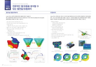 midas
NFX
Part IV. midas NFX (Solver)
열전달/열응력해석 유동해석
전문적인 열/유동을 분석할 수
있는 열전달/유동해석
Total Solution for True Analysis-driven Design
정상 상태 및 비정상 상태 열전달 해석 기능
온도의존 재료 및 조건을 고려한 비선형 열전달 해석 기능
다양한 하중 조건
- 발열, 전도, 대류, 복사, 열속, 초기온도, 고정온도 조건
불연속 파트 사이의 열전도 구현을 위한 열접촉 기능
공동 (Cavity) 복사를 고려한 열전달 해석 기능
- 열린/닫힌 조건
- 복사형상계수 계산
센서를 이용한 효과적인 비정상 열전달 해석 수행
- 기준에 따라 자동으로 해석 종료
- 선택 영역의 최소/최대/평균 온도 등을 센서 조건으로 지정
열전달 및 유동해석
- 2차원 및 3차원, 2차원 축대칭 해석
- 정상상태 및 비정상상태 해석
- 열전달 및 다상 유동 해석
모든 유속 영역의 유동해석 기능
- 압축성 및 비압축성 유동해석
다양한 형태의난류모델 적용 가능
- k-ε, k-ω, k-ω-SST 등
- LES 모델 등
격자이동/변형 지원 (Moving Mesh)
유체와 고체, 유체와 유체 사이의 비접한 격자 접촉 해석 기능
자유수면해석 및 물질확산 해석 기능
고성능 병렬연산 기능
midas NFX는 실무적인 열전달 해석과 열응력 해석이 가능합니다.
특히, 열응력해석을 독립적인 해석 케이스로 제공하므로, 한 번의 해석으로 열전달에 의한 온도결과와
열변형/열응력 결과를 모두 얻을 수 있습니다.
midas NFX는 유한요소법 기반의 CFD 해석기능을 제공하므로 모든 유속 영역의 유동해석과 다양한 열전달
해석, 그리고 자유수면해석 등을 수행할 수 있습니다. 구조해석과 통합된 단일 작업환경을 제공하기 때문에
동일한 기하모델과 해석모델을 이용하여 구조해석과 유동해석을 편리하게 수행할 수 있습니다.
39
LED 램프 내에서 열공동 복사에 의한 열전달과 온도분포
브레이크시스템 열용량 해석
(과도열전달, 열접촉 적용)
공동복사 미고려
온도 상승 거의 없음
공동복사 고려
온도 상승
볼 밸브의 비정상 열전달해석
(센서 사용)
일반 해석조건
(60 sec)
센서 사용 시 40.5(sec)에서 해석 종료
난류 거동을 포함한
반도체 CVD 장비의 가스 분포 균일도 평가
전자장비의 열유동해석을 통한 냉각성능 평가
비행기에 걸리는 항력과 양력 분석
보일러 시스템 방열핀의
열유동 해석과 방열핀 열팽창 분석
블레이드 회전을 고려한 로터리 펌프의 토출 성능 평가
 