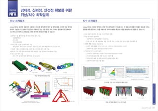 midas
NFX
PartII.고객가치시스템PartI.CAE개념과활용PartIII.midasNFX(Pre/Post)PartIV.midasNFX(Solver)
위상 최적설계 치수 최적설계
경제성, 신뢰성, 안전성 확보를 위한
위상/치수 최적설계
Total Solution for True Analysis-driven Design
정적해석 및 동적해석을 연계한 최적화 해석 기능
- 선형정적해석
- 모드해석
- 주파수응답해석
제작 공정 조건을 고려한 해석 기능
- 응력, 변위, 부피, Draw Direction, 대칭조건 등의 설계 제한/제약 조건 설정 가능
다양한 가동조건/하중조건을 고려한 동시 최적화 해석 수행 가능
별도의 CAD 작업 없이 해석모델 자동 재생성 기능 및 Mesh Smoothing 기능
기타 실무 편의 기능
- 모드추적, 설계/비설계 영역지정, 초기값 설정
모든 종류의 열/구조 해석을 치수최적화와 연동
특성 및 재료의 설계변수
- 직관적인 치수최적설계변수 지정기능
- 단면 치수 및 두께, 복합재료 적층 두께 및 각도, 스프링 강성, 감쇠, 질량, 탄성계수 등
실험점 추출 (Design Sampling)
- 다양한 실험계획법 (FFD, CCD, OA, LHD) 및 1차원 파라미터 스터디
- 설계변수와 응답의 연관성(Correlation) 분석
근사모델 기반 치수최적설계
- 근사모델 기법(Kriging model, Polynomial Regression model)
- 근사모델 형상 분석을 위한 2D/3D 그래픽 툴
- 최적설계안 예측 및 설계안에 대한 실제해석결과 확인
- 설계안에 대한 자동 모델 생성
midas NFX는 실무에 유용하게 사용할 수 있도록 정적/동적 해석 및 제작공정을 고려한 위상 최적화
해석이 가능합니다. 실무에 가장 많이 사용하고 있는 선형 정적, 모드, 주파수 응답해석과 연계하여
구조적으로 안전하고 경제성을 고려한 최적화 해석을 수행할 수 있습니다.
midas NFX는 다분야 해석을 고려한 치수최적설계가 가능합니다. 각 재료나 특성들이 제품의 성능에 미치는
영향을 예측/확인하고, 이를 바탕으로 최적의 재료와 특성의 조합을 효율적으로 결정할 수 있습니다.
설계영역 지정
위상최적화를 이용한 개념 설계
(선형정적해석, 부피최소화를 통한 경량화)
원안 검토
실험점 추출/해석
설계영역 지정 위상 최적화 근사모델 생성 치수 최적설계
근사모델 생성
위상 최적화를 활용한 치수 최적설계
근사모델 기반 치수 최적설계의 활용 과정
성능예측/확인/최적모델생성
위상 최적화 해석모델 생성 설계검토
40www.NFX.co.kr
위상 최적설계의 활용 과정
설계영역
부피 이력
77% 경량화
 