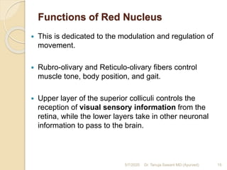 Functions of Red Nucleus
 This is dedicated to the modulation and regulation of
movement.
 Rubro-olivary and Reticulo-olivary fibers control
muscle tone, body position, and gait.
 Upper layer of the superior colliculi controls the
reception of visual sensory information from the
retina, while the lower layers take in other neuronal
information to pass to the brain.
5/7/2020 15Dr. Tanuja Sawant MD (Ayurved)
 
