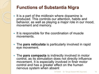 Functions of Substantia Nigra
 It is a part of the midbrain where dopamine is
produced. This controls our attention, habits and
behavior, as well as playing a major role in our mood,
movement and memory.
 It is responsible for the coordination of muscle
movements.
 The pars reticulata is particularly involved in rapid
eye movement.
 The pars compacta is indirectly involved in motor
control, as its stimulation does not directly influence
movement. It is especially involved in finer motor
control and has a greater effect on the human
nervous system when absent
5/7/2020 19Dr. Tanuja Sawant MD (Ayurved)
 