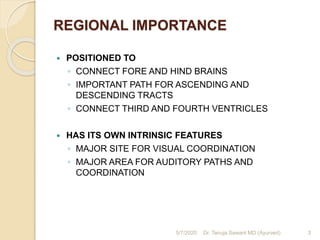 REGIONAL IMPORTANCE
 POSITIONED TO
◦ CONNECT FORE AND HIND BRAINS
◦ IMPORTANT PATH FOR ASCENDING AND
DESCENDING TRACTS
◦ CONNECT THIRD AND FOURTH VENTRICLES
 HAS ITS OWN INTRINSIC FEATURES
◦ MAJOR SITE FOR VISUAL COORDINATION
◦ MAJOR AREA FOR AUDITORY PATHS AND
COORDINATION
5/7/2020 3Dr. Tanuja Sawant MD (Ayurved)
 